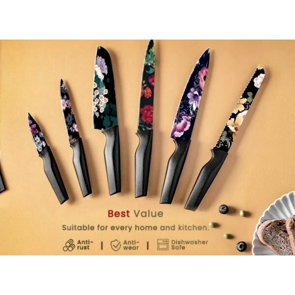 Astercook Knife Set 6 Piece Flower Kitchen Stainless Steel 6 Blade Guards Black‎